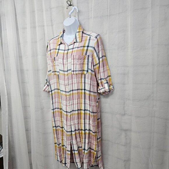 Pink Yellow Plaid Button Down Midi Shirt Dress Tunic Preppy Boho M - Picture 7 of 13